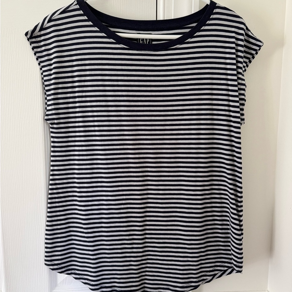 GAP Maternity Navy and White Striped Cap Sleeve Tee - Size Sm